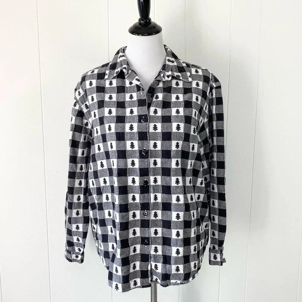 VTG Westbound Black White Gingham Plaid Button Front Shirt Christmas tree Size L